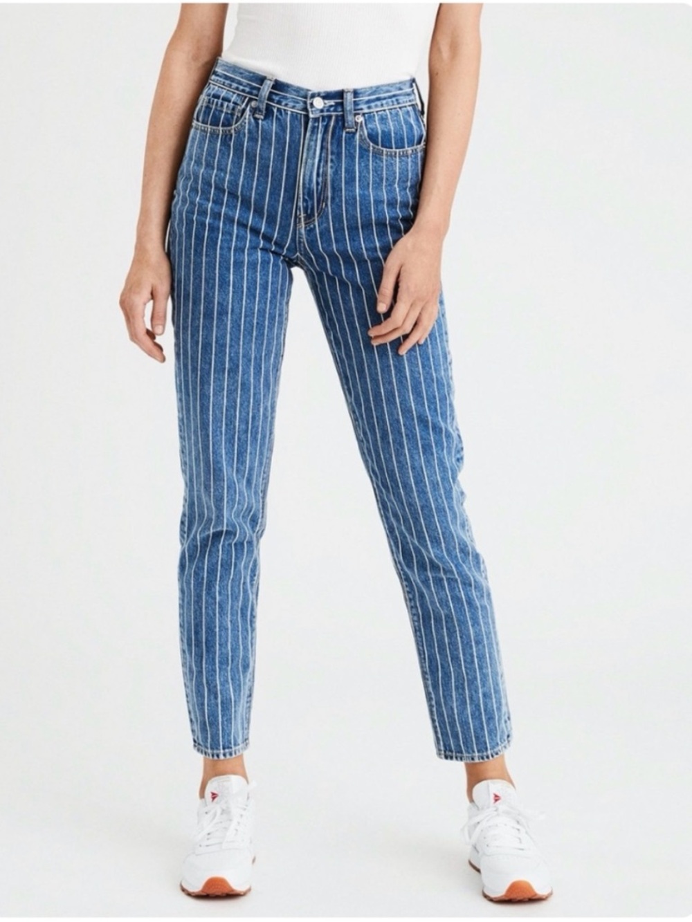 American Eagle extra long Striped Blue High-Rise Mom Jeans size 12